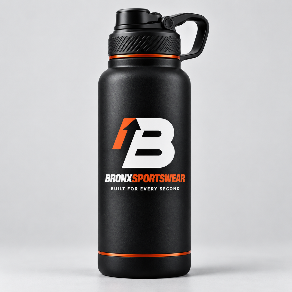 BronxSportswear black performance water bottle with orange accents and Built for Every Second branding