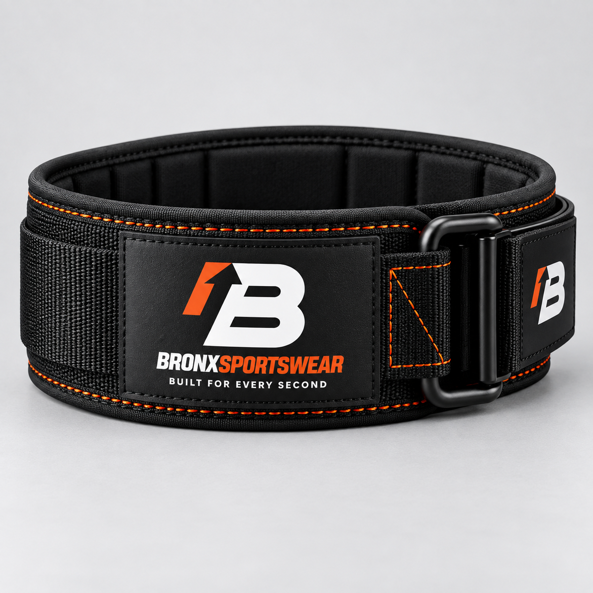 BronxSportswear black weight belt with orange stitching, signature logo and Built for Every Second branding