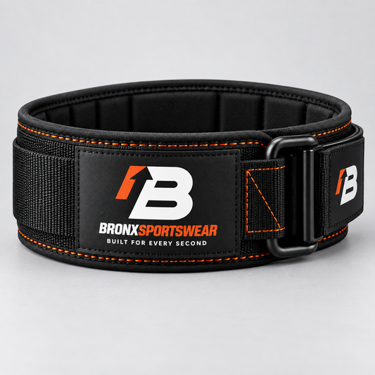 BronxSportswear black weight belt with orange stitching, signature logo and Built for Every Second branding