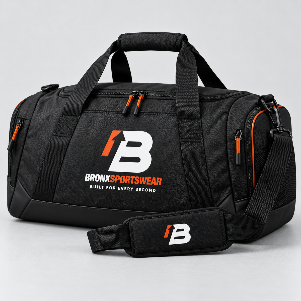 BronxSportswear black gym bag with orange accents, signature logo and Built for Every Second branding